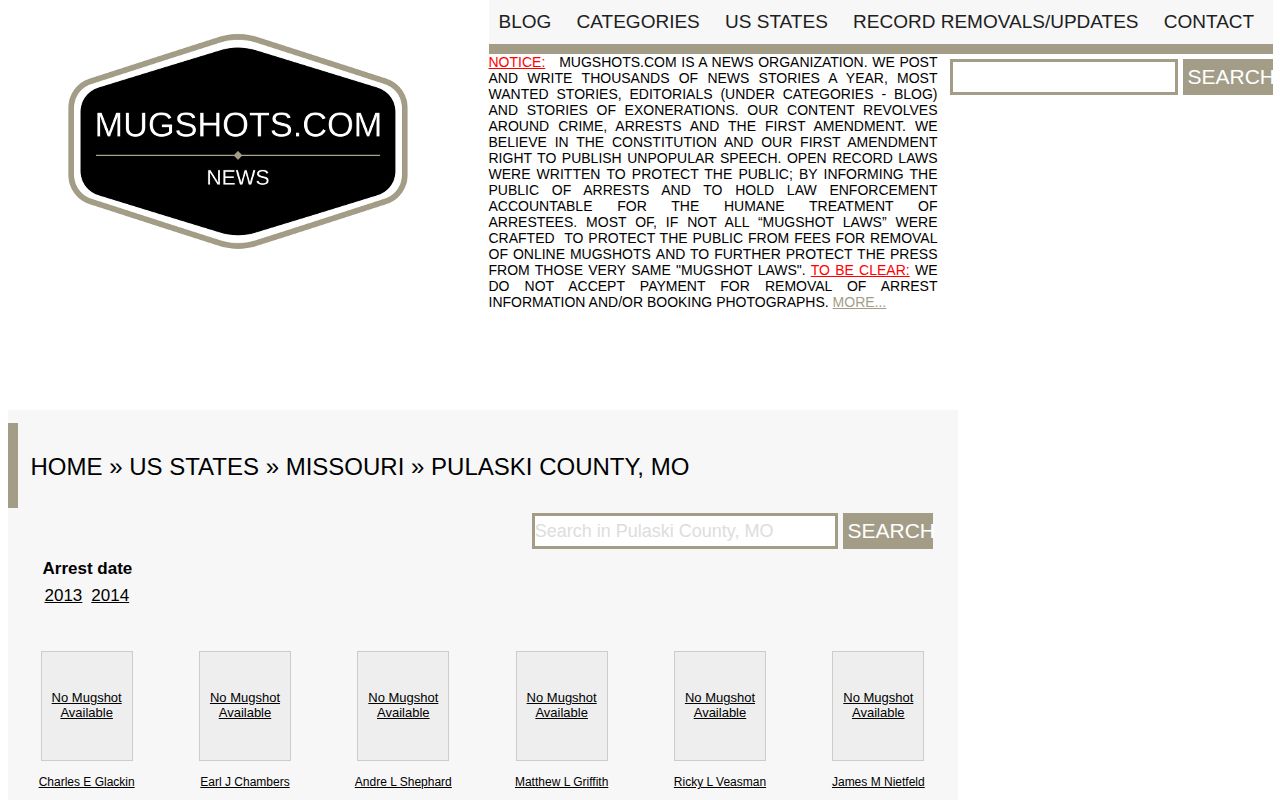 Pulaski County Missouri unofficial mugshot-source page for record verification context